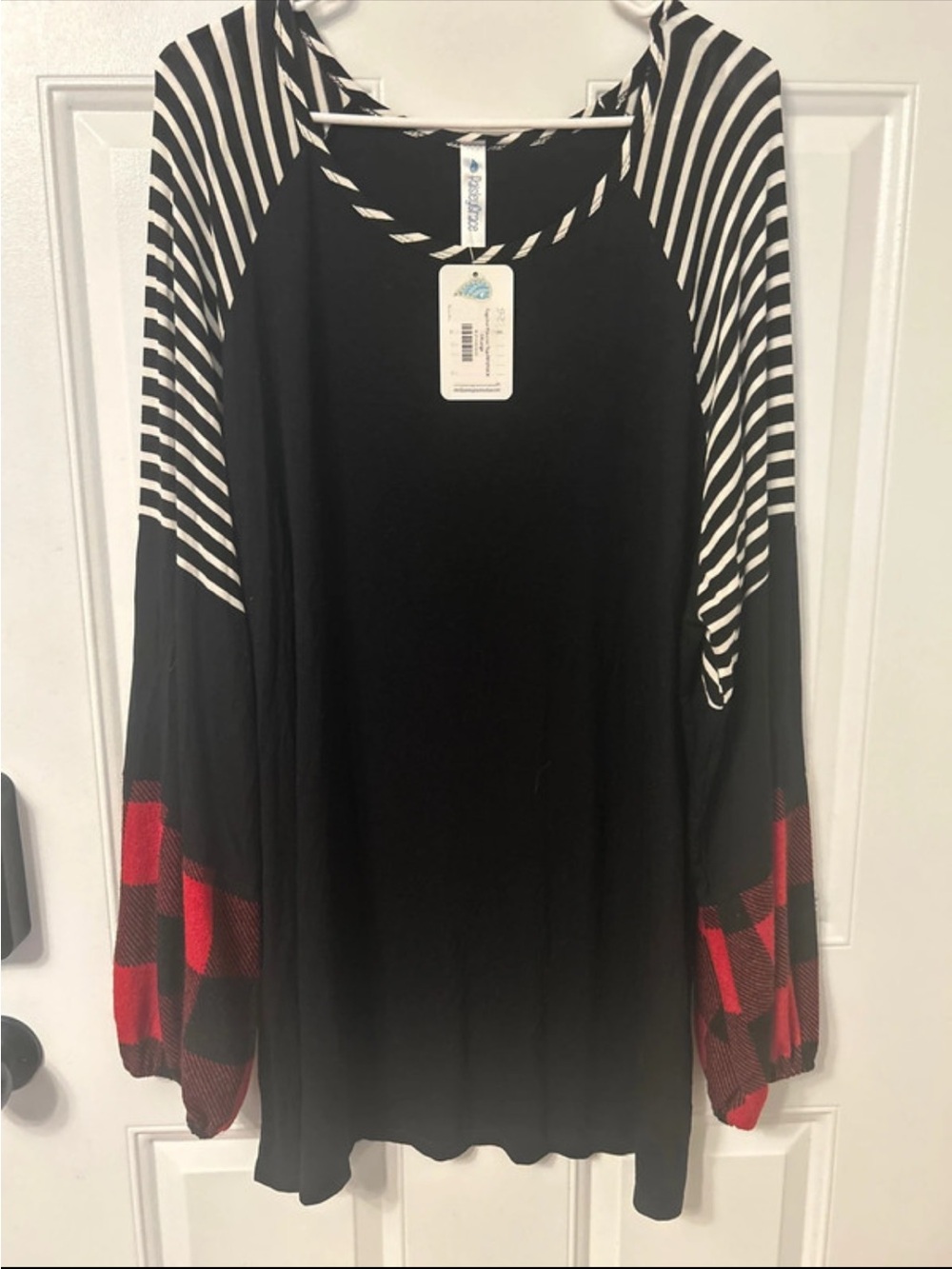 Black Tunic Top with Striped Yoke and Red Plaid Sleeve Accents